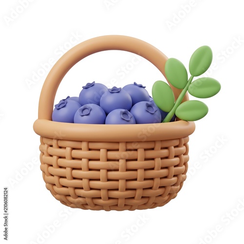 3D basket full of fresh blueberries with green leaves isolated icon blueberry isolated minimalist shopping