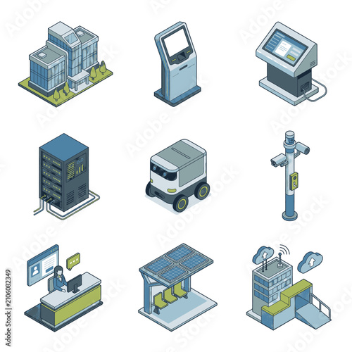 Konstfotografi Collection of Isometric 3D Icons Representing Various Technology and Industrial Concepts