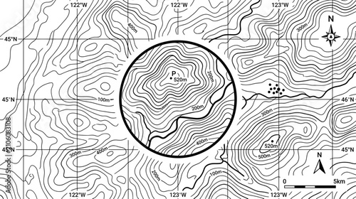 Konstfotografi Topographic Map Contour Lines Showing Elevation and Terrain