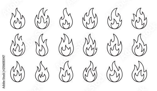 Konstfotografi Minimalist fire line icon collection featuring various flame shapes for heat and energy related design work