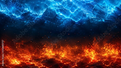 Fire and Ice Abstract: A striking abstract composition where vibrant flames of fire meet the cool, icy expanse of water, creating a powerful visual metaphor for contrast and elemental forces.