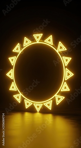 Graphic depiction of a circular pattern surrounded by geometric triangles with glowing yellow lights creating an eye-catching visual that symbolizes energy illumination and vibrant artistic expression