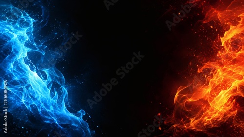 Fire and Ice: A dramatic visual representation of contrasting elements, with vibrant blue flames on one side and fiery orange flames on the other, set against a dark, star-speckled background.
