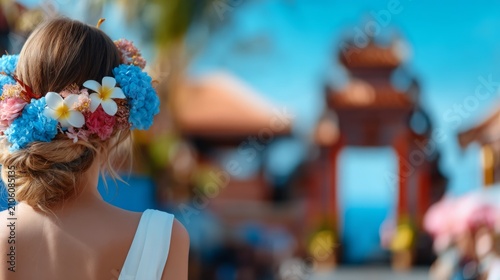Tropical Ceremony at Balinese Temple With Vivid Floral Decorations
