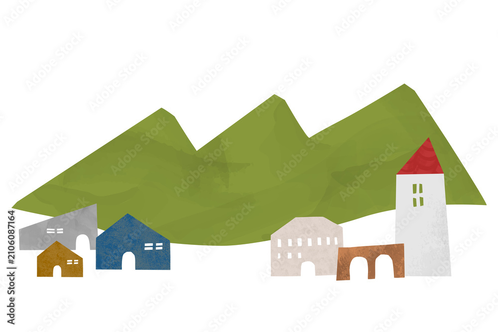 Obraz premium Minimalist Scandinavian village landscape illustration with mountains and houses