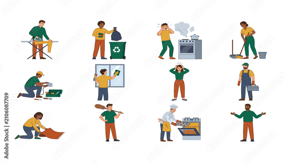 Fototapeta premium People doing housework vector icon set with cleaning ironing recycling repair cooking and home maintenance isolated flat cartoon illustration
