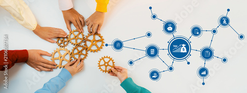 Obraz na płótnie This image depicts a collaborative approach to financial planning and tax management, showcasing gears and digital icons representing money and resources