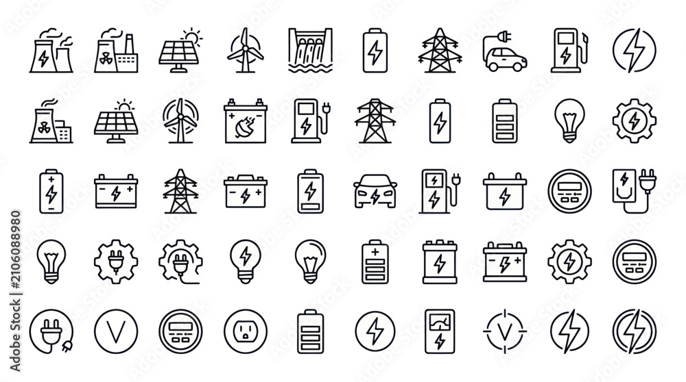 Fototapeta premium Energy and power sources outline icon set.