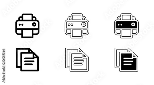 Cuadro en lienzo Printing icons showing printers and documents in a matching set isolated on tran