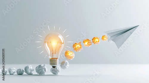 A paper airplane flies from a glowing light bulb, symbolizing ideas taking off and creativity in motion.