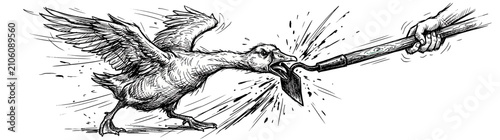 Schilderij op canvas Angry goose attacks stick held by hand, ink drawing