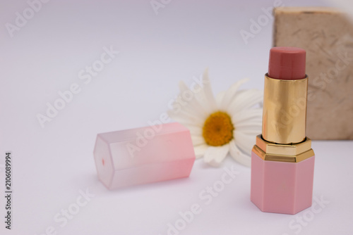 Pink lipstick with daisy flower on pastel background