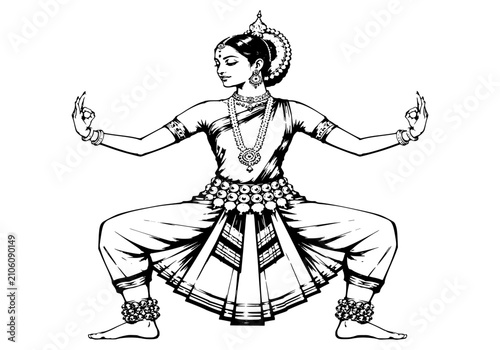 An Odissi dancer in chauka square pose the extreme turnout of the feet and the wide stance