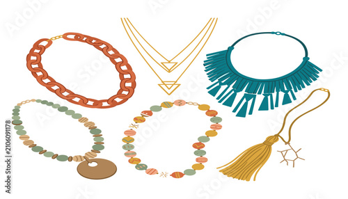 Cuadro en lienzo Boho necklace vector collection with statement chain layered gold fringe bead ta