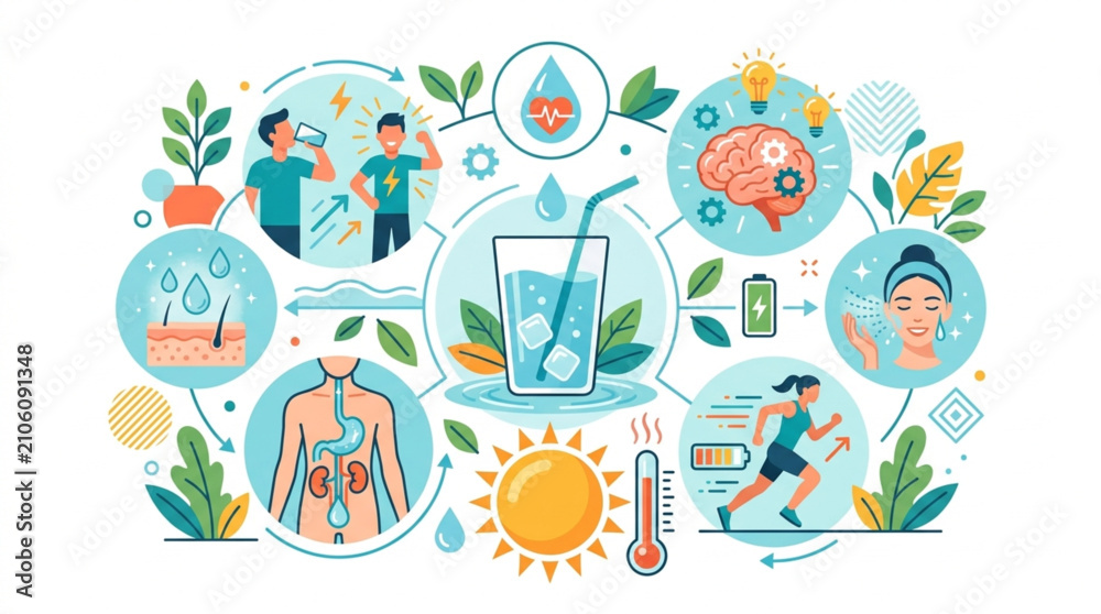 Naklejka premium Flat lay illustration demonstrating the importance of hydration for skin, brain, and body functions, with a central glass of water and icons representing exercise, heat, and health