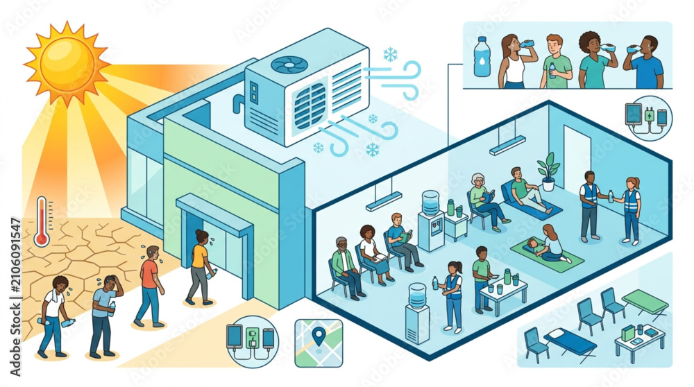Fototapeta premium Isometric illustration of people seeking refuge from extreme heat inside an air-conditioned building, with an AC unit shown on the roof and a thermometer indicating high temperature