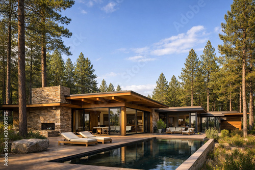 A contemporary residence featuring a swimming pool, wooden deck, and outdoor fireplace surrounded by tall pine trees under a blue sky.