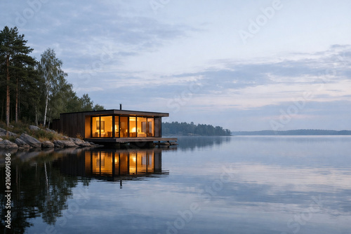 A contemporary wooden house with illuminated glass walls sits on a shoreline reflecting in the still blue water during twilight.