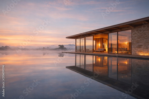 A luxury modern house with glass walls stands over a calm lake at dawn with pink clouds and morning mist.