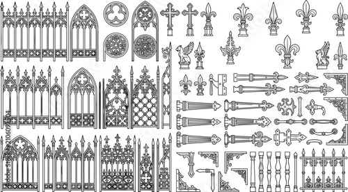 Photos Gothic architecture vector bundle with medieval fences, window tracery, gargoyle