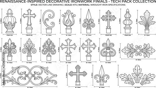 Fotografie Renaissance inspired decorative ironwork finials tech pack collection vector lin