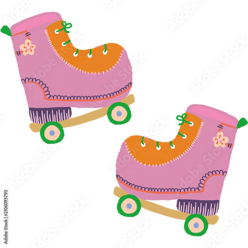 Cute pair of pink and orange roller skates with floral details, hand drawn vector clip art in soft pastel colors, retro 80s 90s aesthetic graphic element.