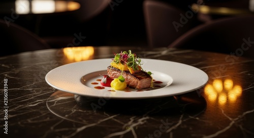 A gourmet plated dish sits on a dark marble table in a luxury restaurant, illuminated by soft golden light and delicate candle reflections, garnish, premium, interior