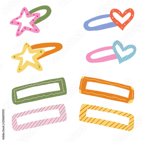 Cute hand drawn hair clip illustration set featuring colorful heart, star, and rectangular hair clips in a playful doodle style. Perfect for children's fashion, beauty accessories, planners, stickers,