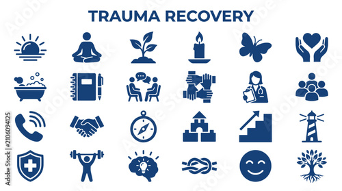 Trauma recovery concepts illustrated with icons representing healing growth support and mental well being for therapy and health services
