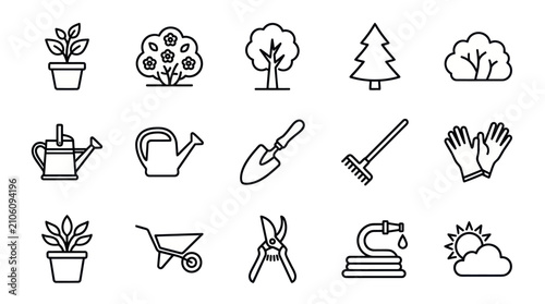 Fotografie Gardening tools and nature line icon set.