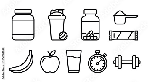 Quadro su tela Fitness nutrition and gym equipment line icons set