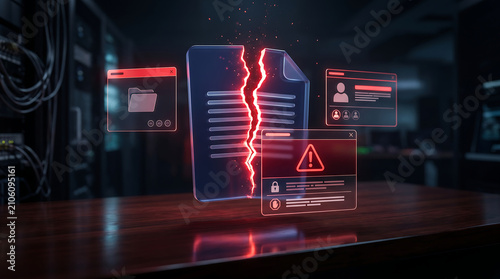 Glowing broken document icon with red warning error popups representing data corruption cyber attack security breach damaged file system failure and data leak concept