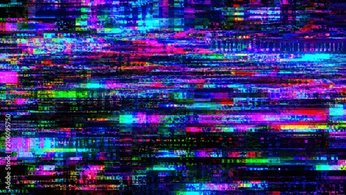 Digital Static Glitch Effect: Abstract visualization of digital data corruption, featuring vibrant streaks of neon pink, cyan, green, and blue across a dark background.