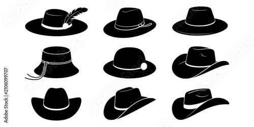 Foto Set of various black fashion hats including cowboy hats fedoras and wide brim ha