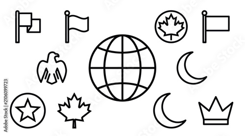 Obraz na płótnie Global symbols flags and celestial line icons.