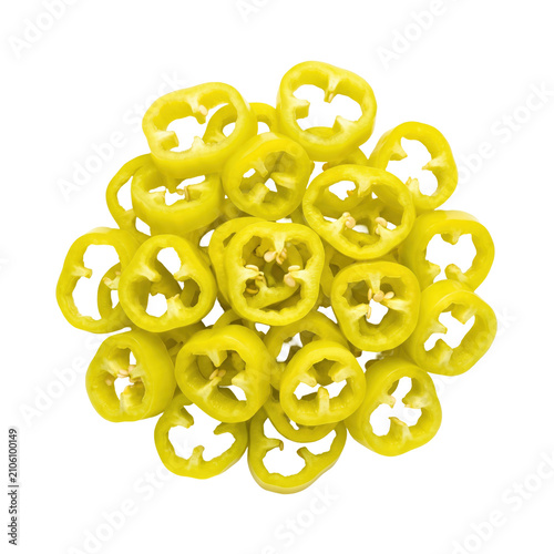 Banana pepper rings isolated on white. Sliced yellow chili peppers for pizza topping.