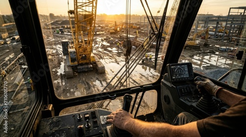 Inside Cab Of Large Crane On A Construction Site During Golden Hour Evening Light