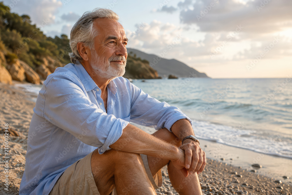 Fototapeta premium Relaxed Senior Man Sitting on Beach and Looking at the Sea