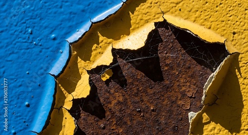 Close-up of flaking blue and yellow paint revealing rusty metal texture
