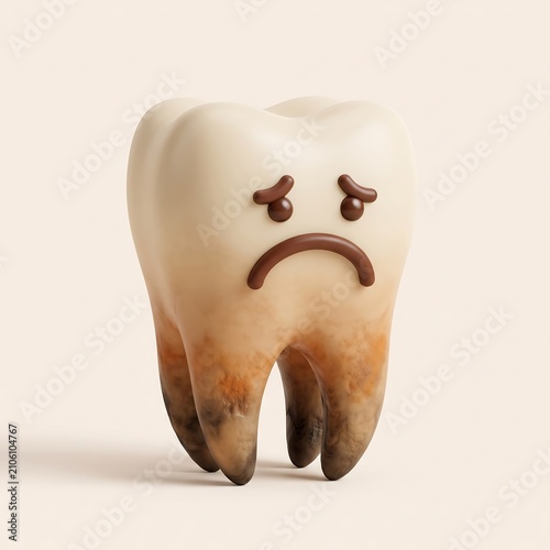 Sad decayed tooth 3D icon representing dental health issues with unhealthy character expression discomfort