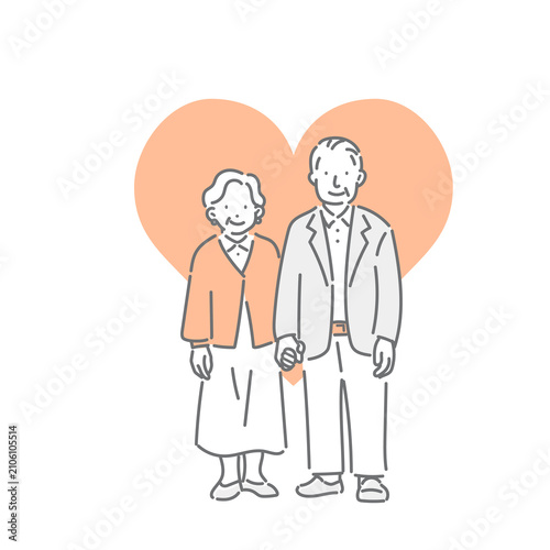 Smiling senior couple standing hand in hand – simple and stylish line art illustration