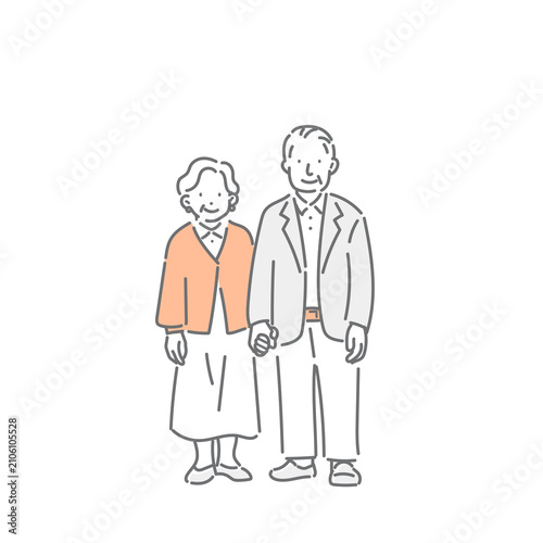 Smiling senior couple standing hand in hand – simple and stylish line art illustration