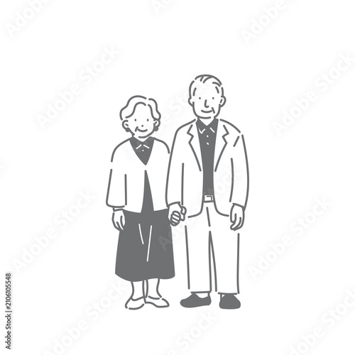 Smiling senior couple standing hand in hand – simple and stylish line art illustration