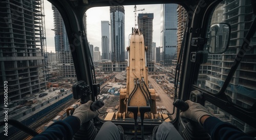 Inside Construction Machinery View Of Skyscrapers Rising High Above A Busy Site