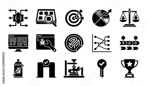 Software testing and quality assurance icons, set of 15 black solid vector symbols for bug tracking, data analysis and system optimization