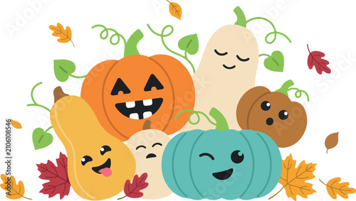 Festive fall harvest cute pumpkins and gourds with autumn leaves for seasonal decorations