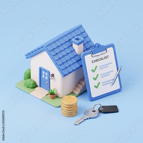 3D miniature house model with checklist clipboard and coins for property purchase concept, real estate