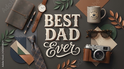 Father's Day flat lay with typography and accessories. Celebrating dad with stylish gifts and personal touches.