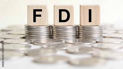 Minimalist FDI foreign investment concept with wooden blocks and stacked coins