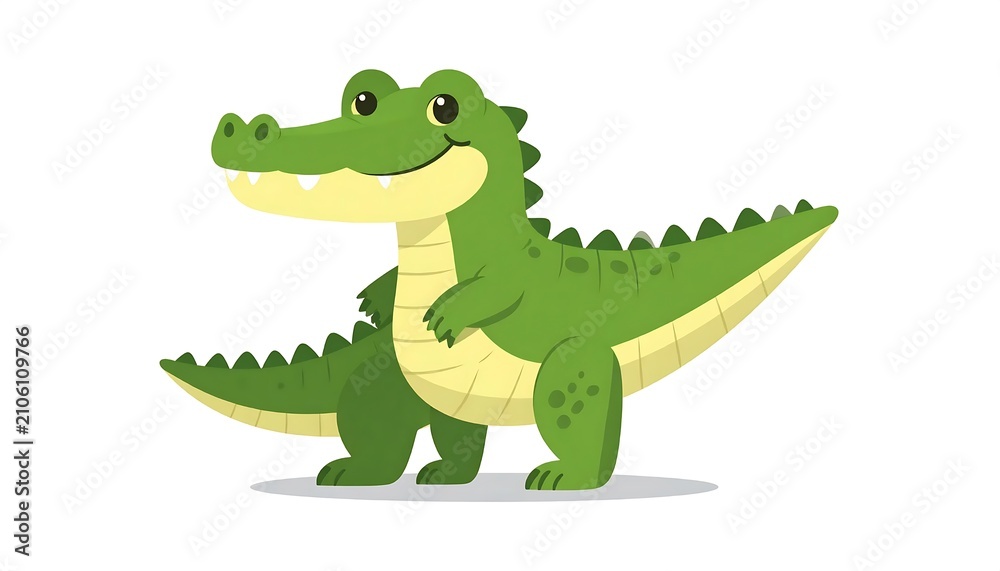 Fototapeta premium Cartoon green dinosaur standing on lush leaf.
